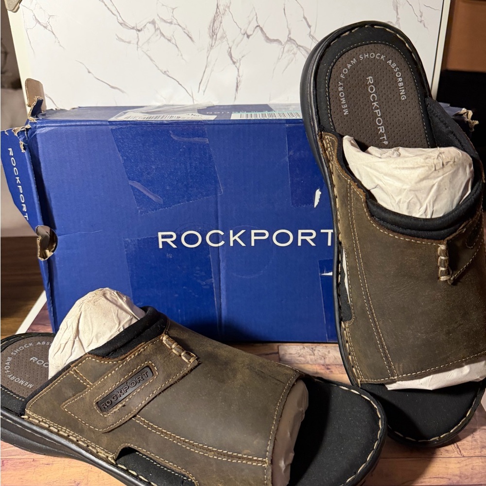 Rockport Darwyn Slide 2 H80304 Mens Brown Wide Leather Slide Sandals Shoes 10.5W